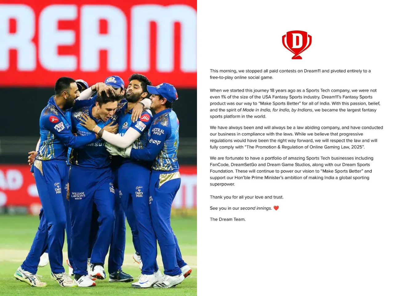 Dream11 shares emotional post after shutting down real-money gaming biz
