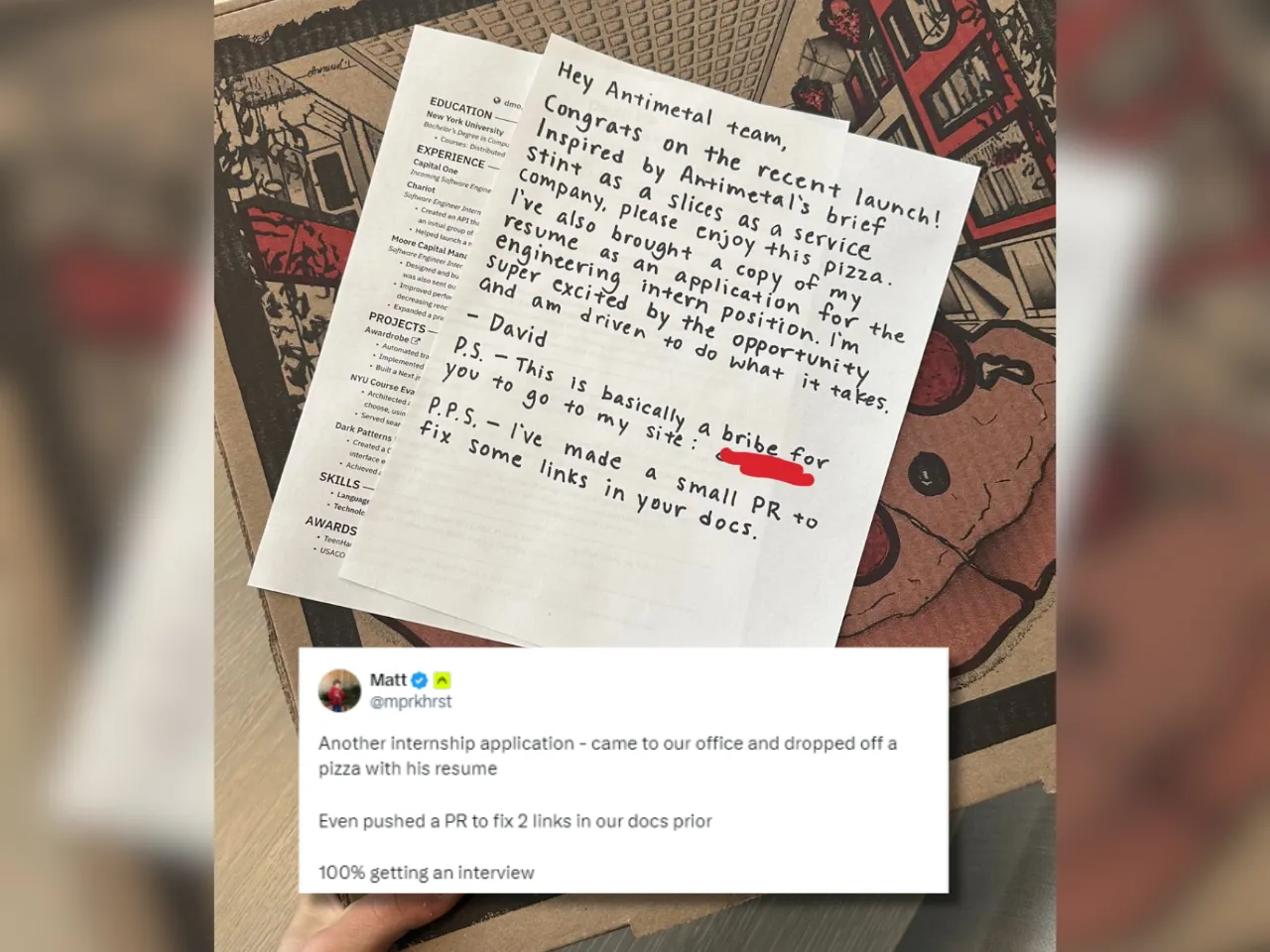 Man looking for internship delivers Pizza along with CV