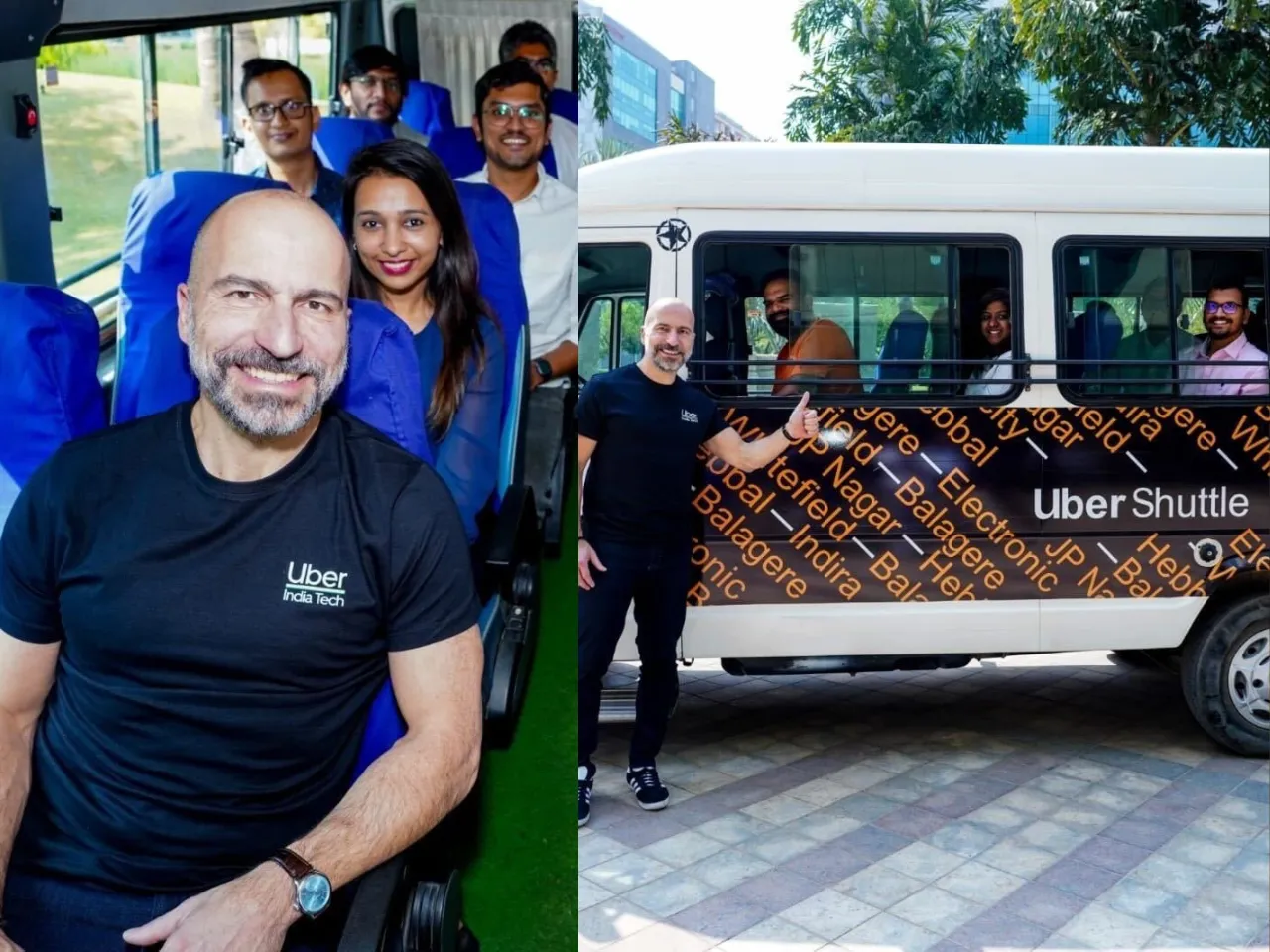 Uber CEO Dara Khosrowshahi tries Uber Shuttle bus in Bengaluru