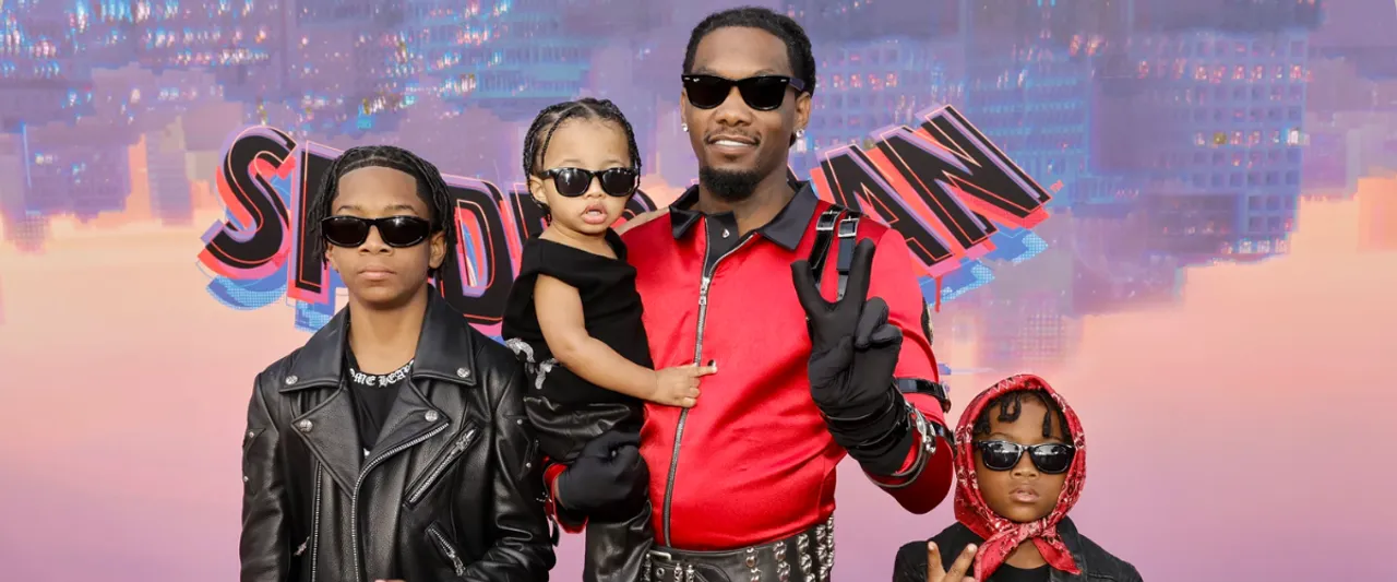 Offset Twins With Sons at 'Spider-Man' Premiere in Michael Jackson-inspired Outfit