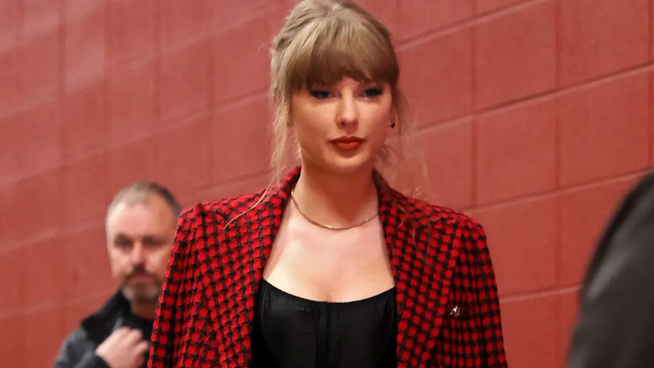 Taylor Swift Stuns in $5K Versace Suit & Chic French Twist Supporting Travis Kelce at Chiefs-Broncos Game