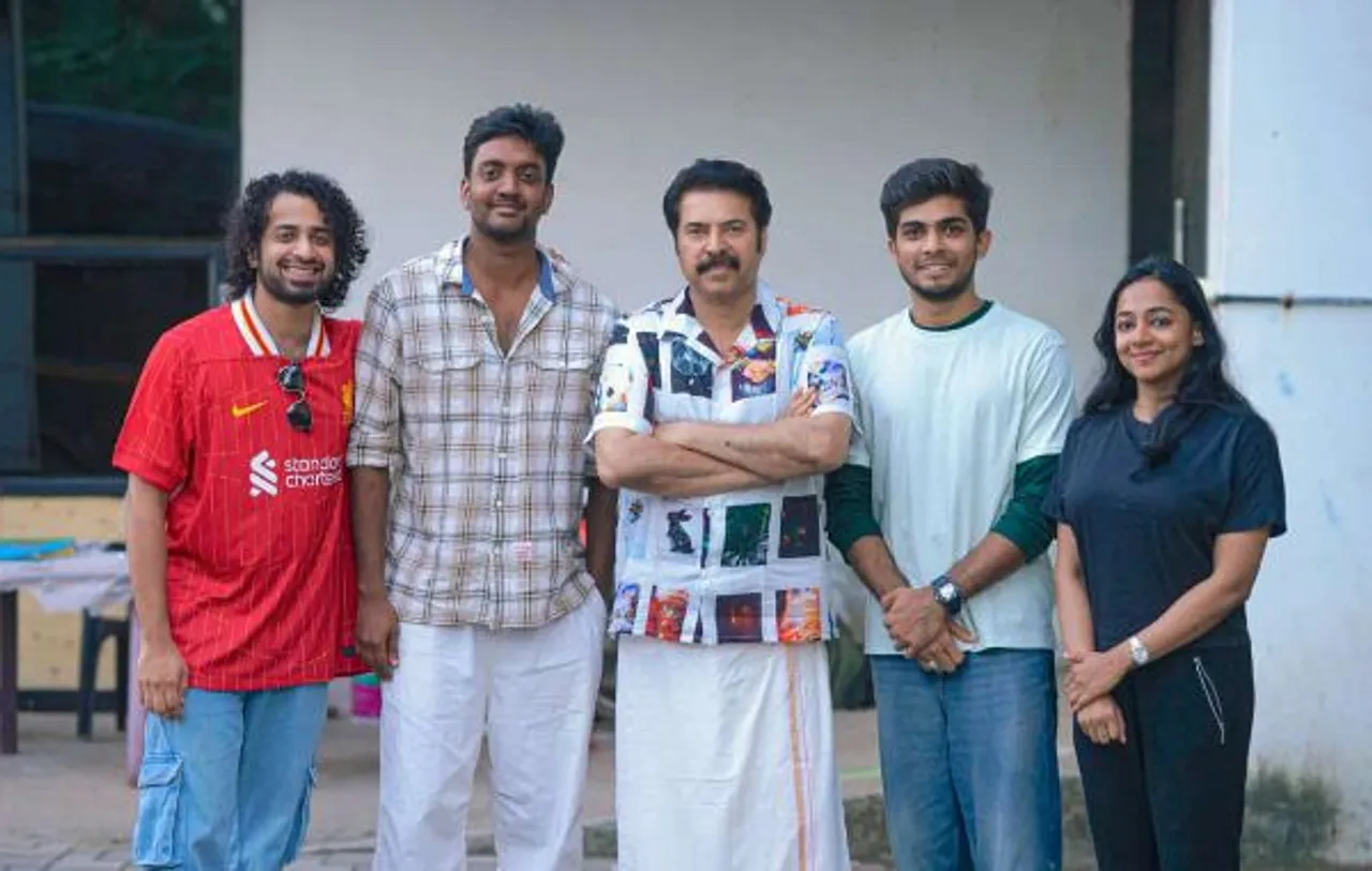 mega star mammootty on the sets  nazlen and kalyani priyadarshan movie produced by dulquer salmaan