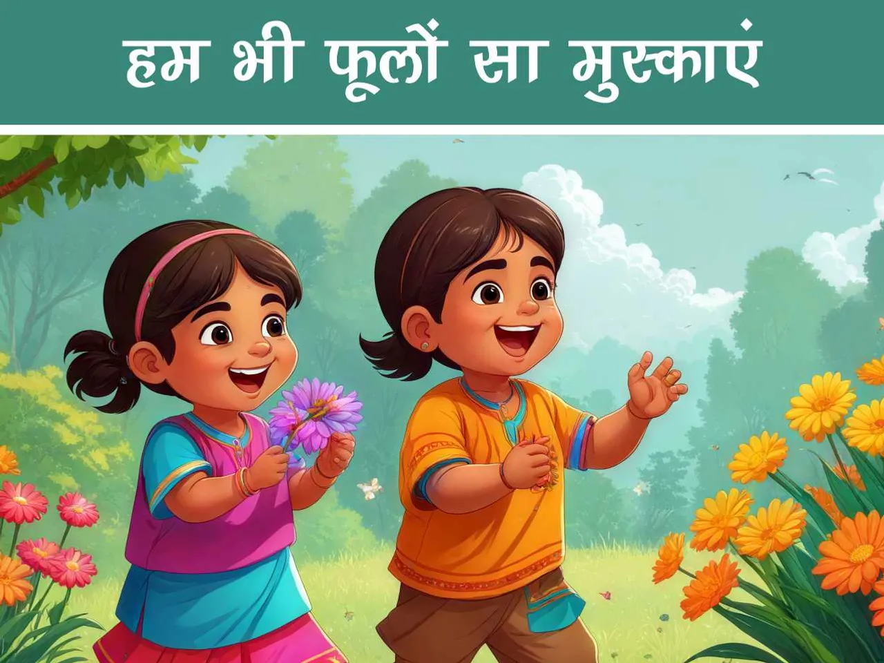 cartoon image of kids playing in garden