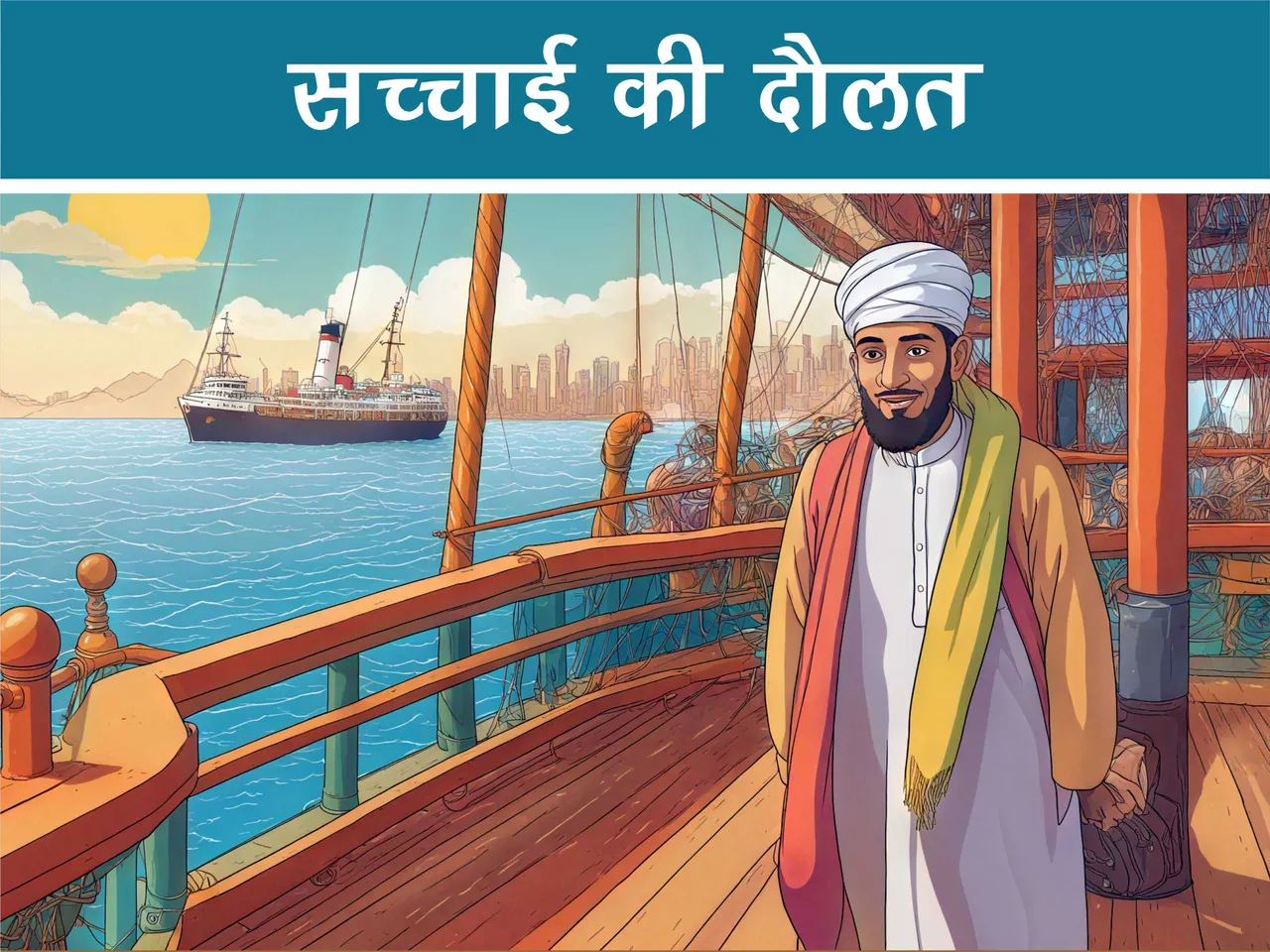 cartoon image of a man travelling on a ship