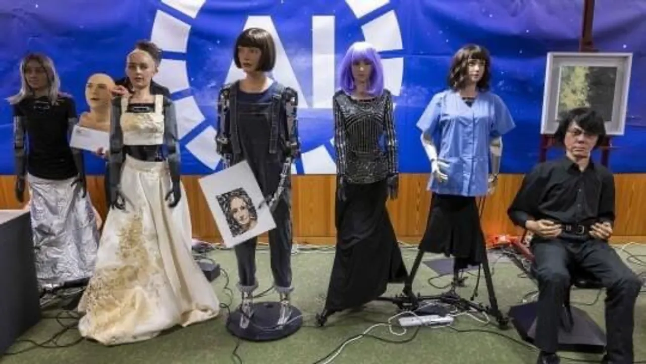 Press conference of AI-powered robots - is a bright future possible without human emotions