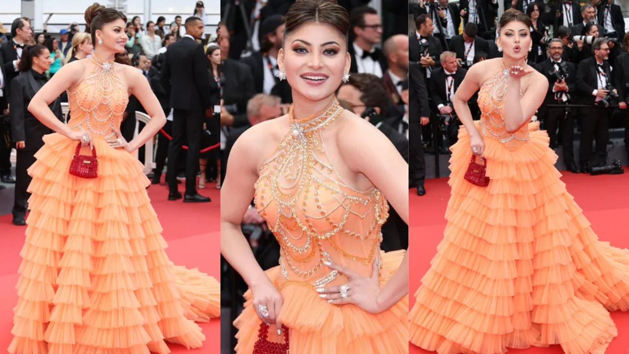 Cannes Film Festival 2023 के दूसरे दिन फ्रिल ऑरेंज गाउन में Urvashi Rautela का दिखा जलवा