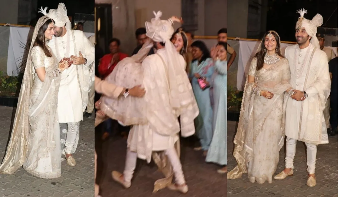 शादी के बाद पहली बार मीडिया के सामने आए आलिया और रणबीर, उठाया अपनी दुल्हन को गोद में