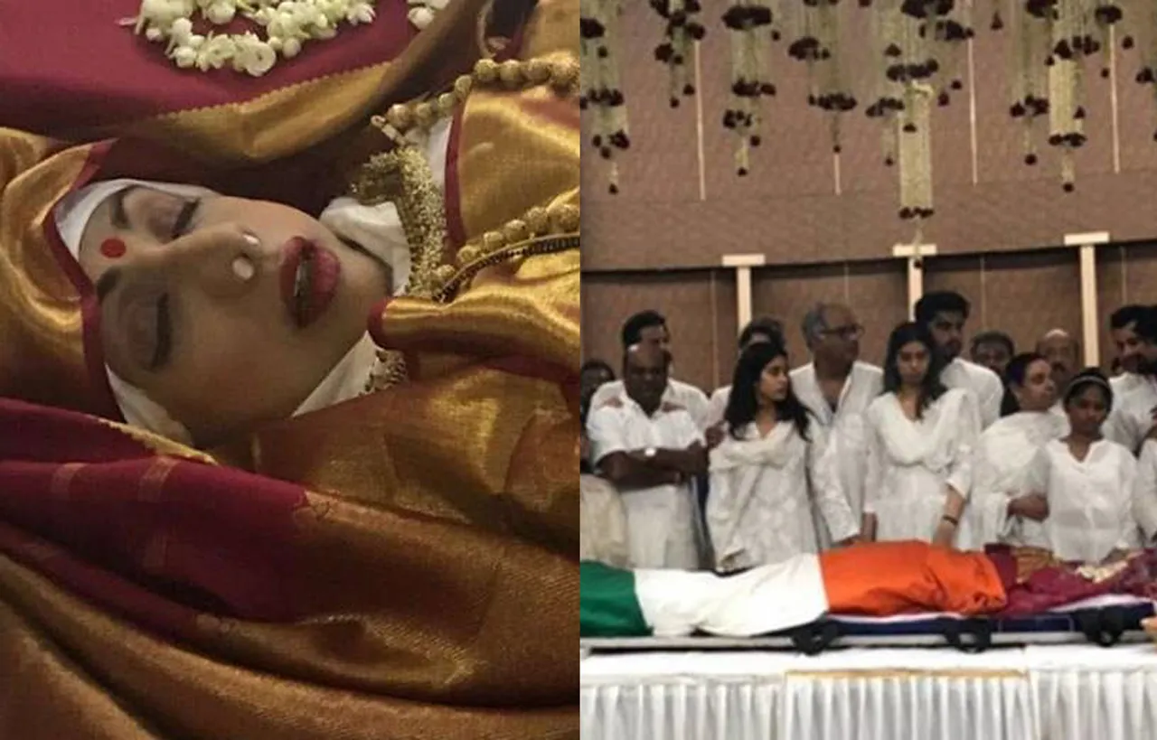 लाल साड़ी में सुहागन की तरह सजी श्रीदेवी को राजकीय सम्मान के साथ अंतिम विदाई, देखें वीडियो