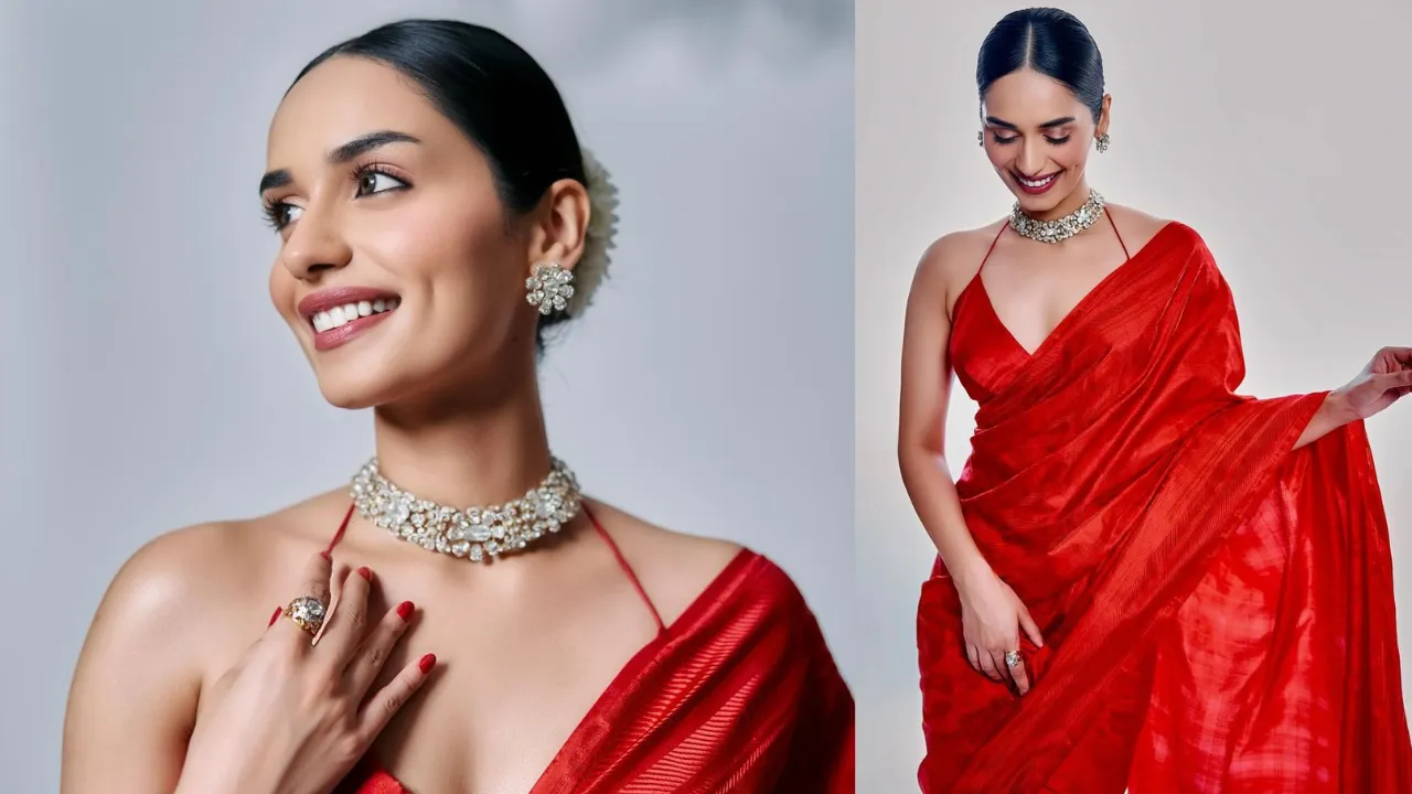 Manushi Chhillar red saree photoshoot pics 
