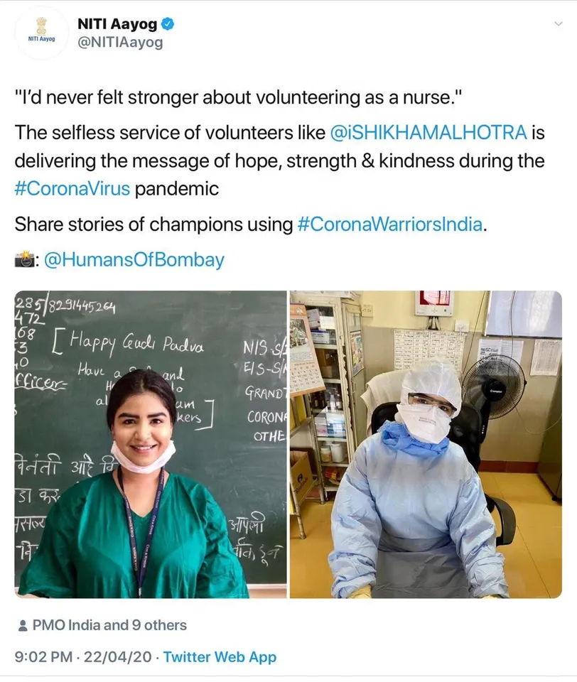 नीति आयोग और महाराष्ट् के मुख्य मंत्री ने अभिनेत्री शिखा मल्होत्रा के नर्स के तौर पर निस्वार्थ सेवा को बताया प्रेरणादायक