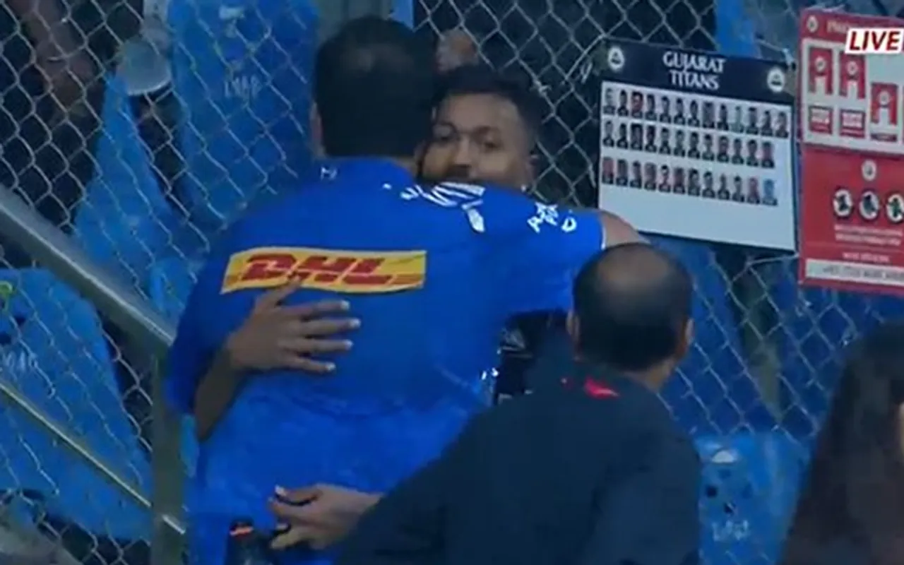 Hardik Pandya hugs Akash Ambani