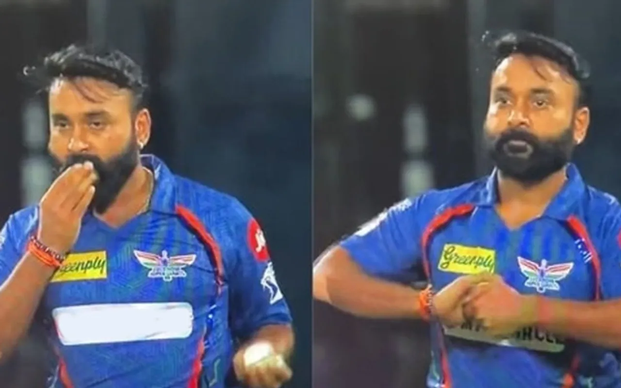 Amit Mishra applying saliva on the ball (Source - Twitter)