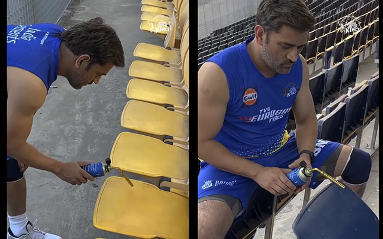 MS Dhoni blow torching chairs in Chennai (Source - Twitter)