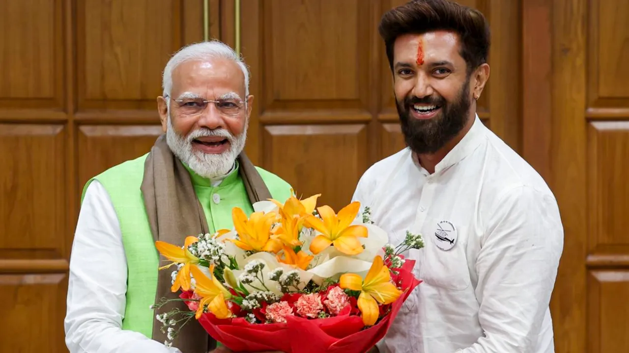 Prime Minister Narendra Modi being greeted by LJP (Ram Vilas) Chief Chirag Paswan during a meeting of National Democratic Alliance (NDA) at PM's residence, in New Delhi.