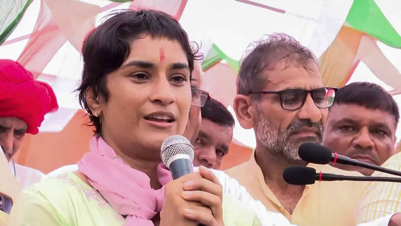 Congress candidate from Julana seat Vinesh Phogat speaks during a programme, ahead of Haryana Assembly elections, at Bakta Khera village in Jind district, Sunday, Sept. 8, 2024.