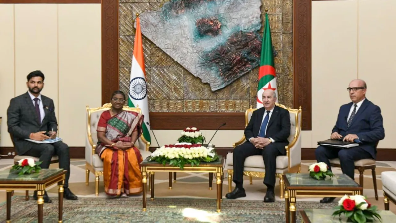 President Droupadi Murmu with Algerian President Abdelmadjid Tebboune during a meeting, in Algeria.