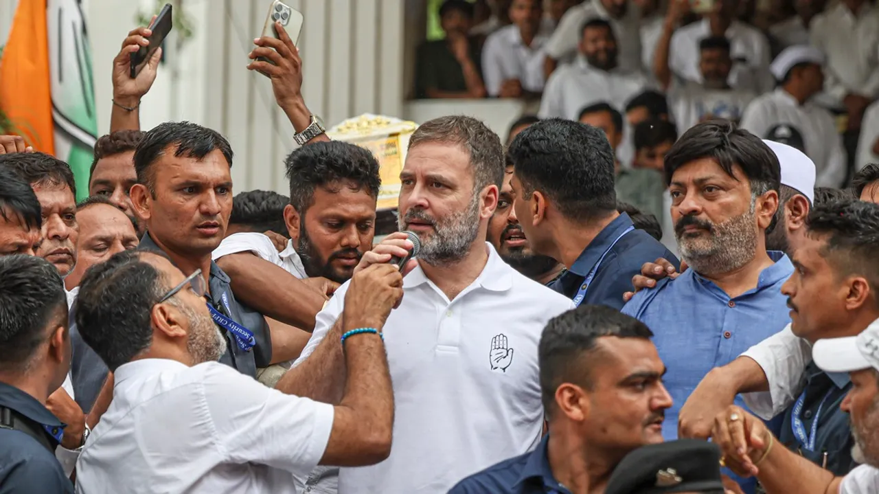 Congress MP Rahul Gandhi during a meeting with party workers, at PCC office, Congress Bhawan, in Ahmedabad, Saturday, July 6, 2024