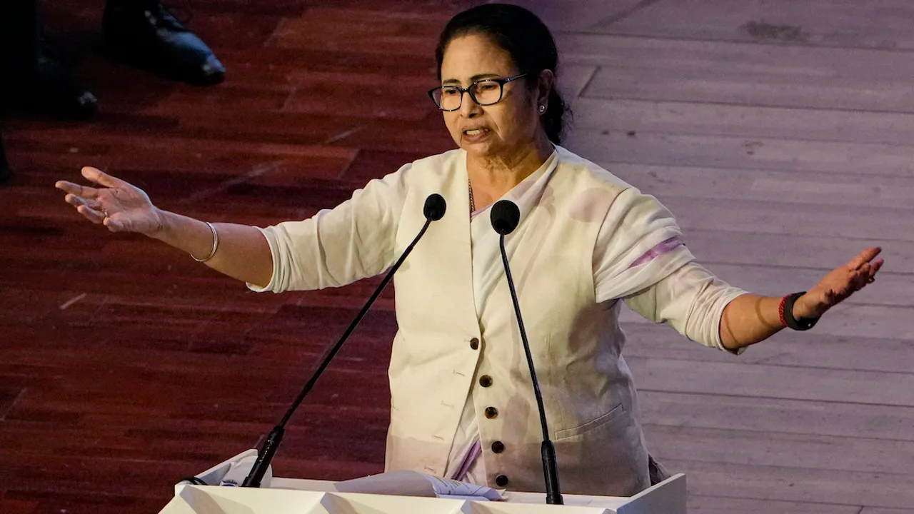 Mamata Banerjee addresses the inaugural session of the 7th Bengal Global Business Summit, in Kolkata, Tuesday, Nov. 21, 2023.