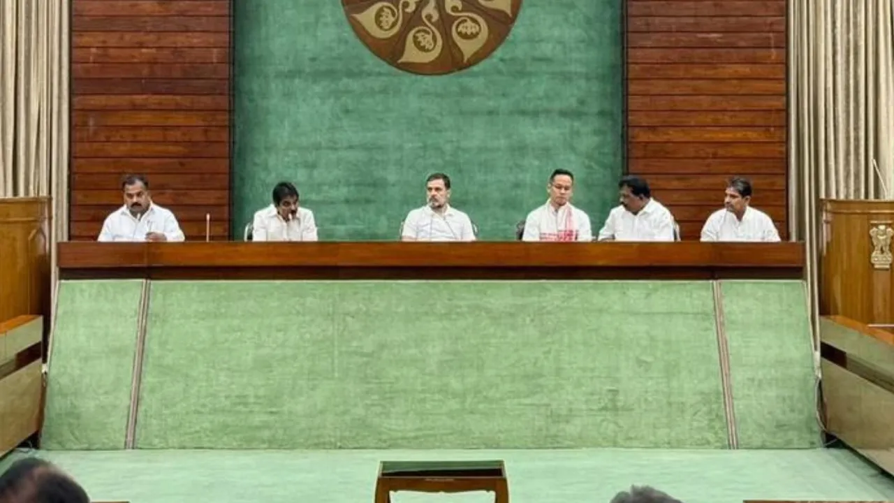 Congress MPs during their parliamentary party meeting at Parliament House in New Delhi, Thursday, Aug. 8, 2024.