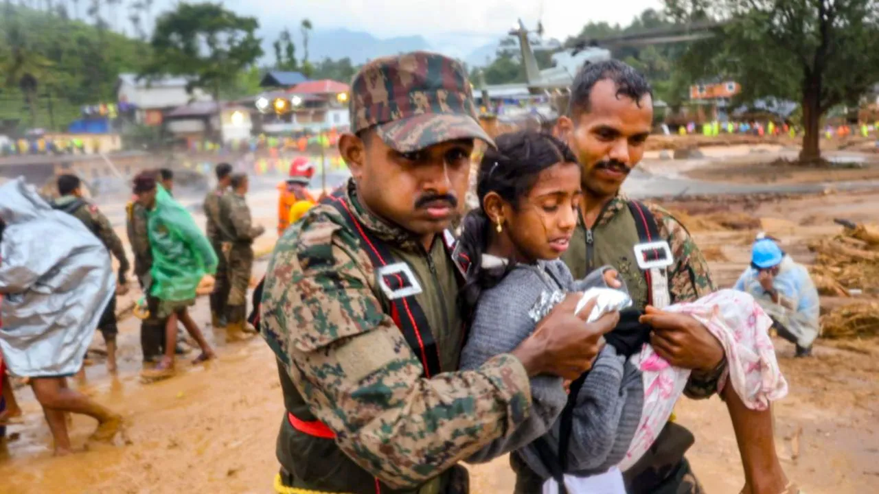 Rescue operation underway after a landslide triggered by heavy monsoon rains, in Wayanad district, Tuesday, July 30, 2024.