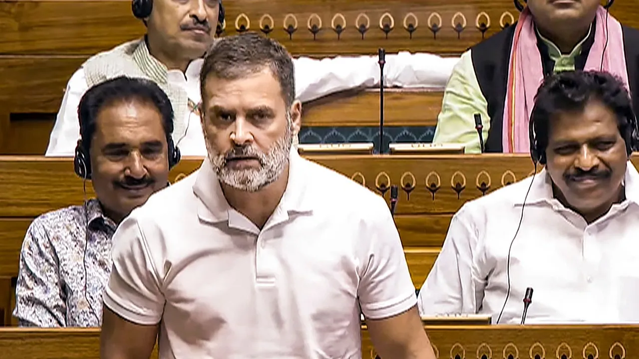 Congress MP and LoP Rahul Gandhi in Lok Sabha during the ongoing Parliament session, in New Delhi, Monday, July 22, 2024.