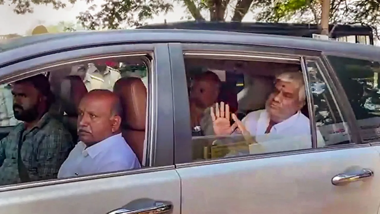 Janata Dal (Secular) MLA HD Revanna after he was released from jail in Bengaluru, Tuesday, May 14, 2024