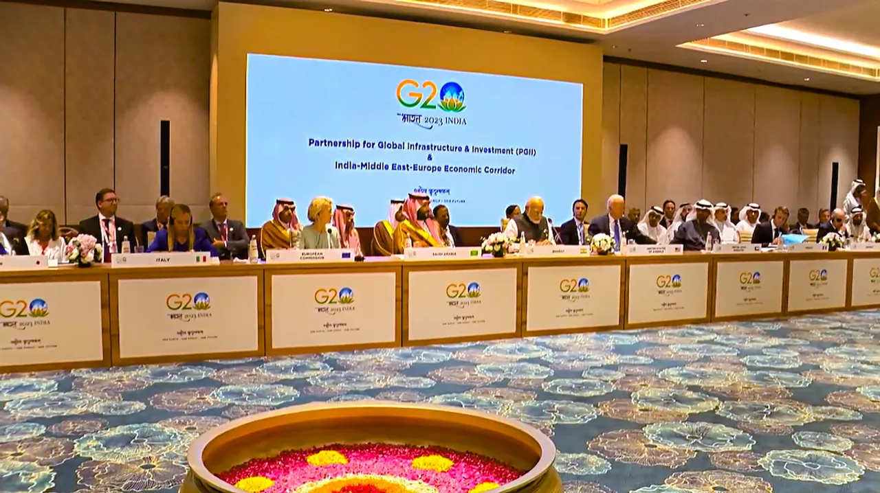 Narendra Modi with US President Joe Biden, Crown Prince and Prime Minister of Saudi Arabia Mohammed bin Salman bin Abdulaziz Al Saud, President of European Commission Ursula von der Leyen and other dignitaries at the Partnership for Global Infrastructure and Investment & India-Middle East-Europe Economics Corridor event during the G20 Summit 2023, in New Delhi, Saturday, Sep. 9, 2023