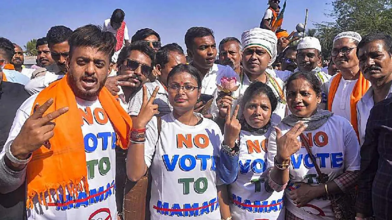 BJP supporters during a party rally at Sandeshkhali, in North 24 Parganas district