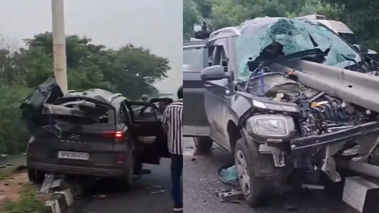 A SUV crashed into a guardrail that pierced through the middle of the vehicle near Rajghat in north Delhi on Thursday