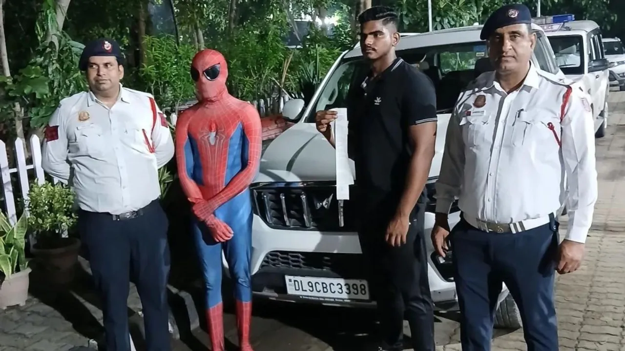 Delhi Police arrested Spider-Man and the driver of the vehicle over dangerous driving