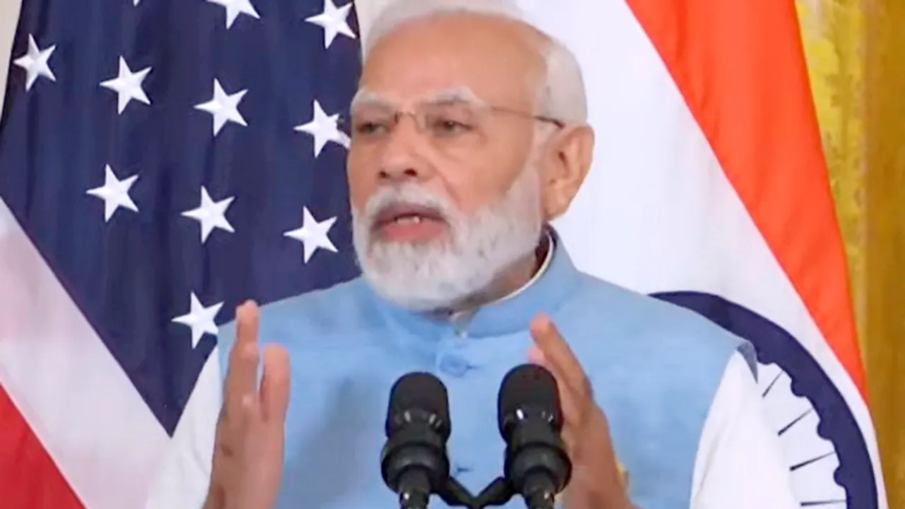 Prime Minister Narendra Modi speaks during his joint press conference with US President Joe Biden (unseen) at the East Room of the White House, Washington DC, Thursday, June 22