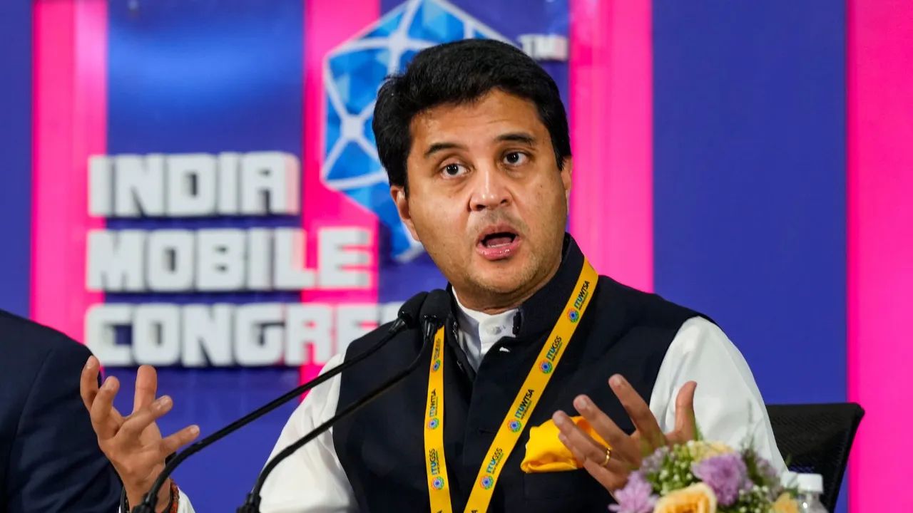 Union Minister for Communications Jyotiraditya Scindia addresses a press conference at the India Mobile Congress 2024, in New Delhi, Tuesday, Oct. 15, 2024.
