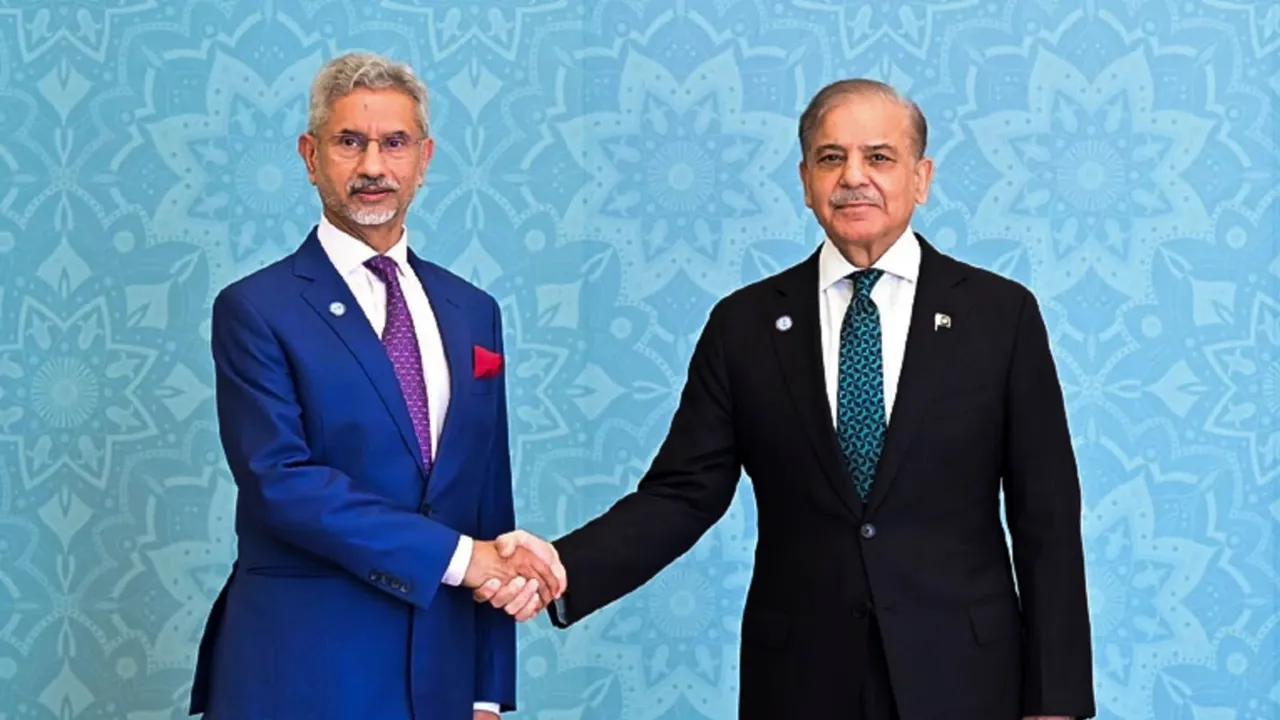 External Affairs Minister S Jaishankar shakes hands with Pakistan Prime Minister Shehbaz Sharif at the 23rd meeting of the SCO Council of Heads of Government, in Islamabad, Wednesday, Oct. 16, 2024.