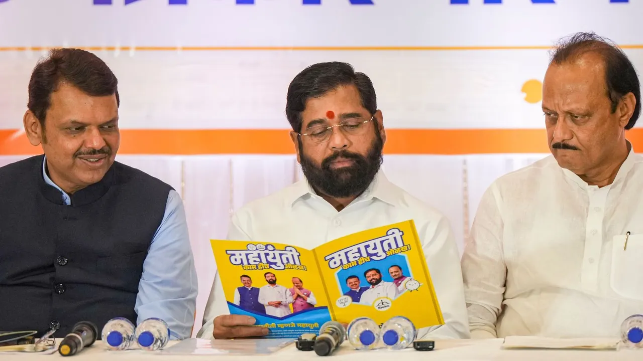 Maharashtra Chief Minister Eknath Shinde along with Dy CMs Devendra Fadnavis and Ajit Pawar during a press conference, in Mumbai, Wednesday, Oct. 16, 2024.