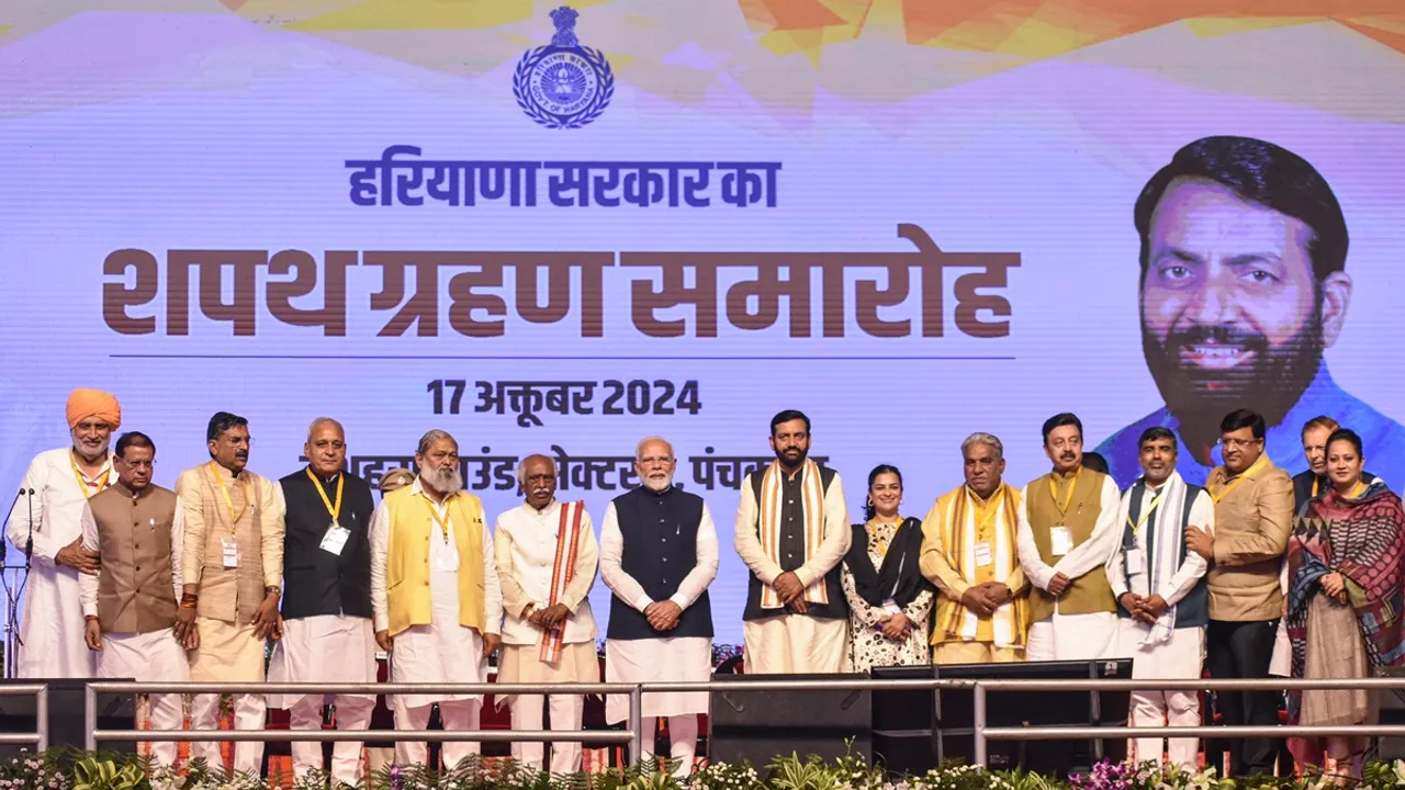 Prime Minister Narendra Modi with Haryana Governor Bandaru Dattatreya, CM Nayab Singh Saini and others during the swearing-in ceremony of new Haryana government, in Panchkula, Thursday, Oct. 17, 2024.