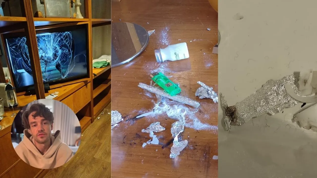 In the photos, a broken TV screen and some white powdery stuff can be seen on the floor of the room and in the bathroom