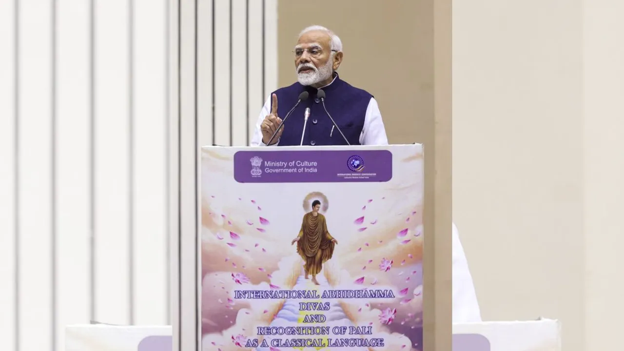 Prime Minister Narendra Modi addresses during the International Abhidhamma Divas programme, in New Delhi, Thursday, Oct. 17, 2024