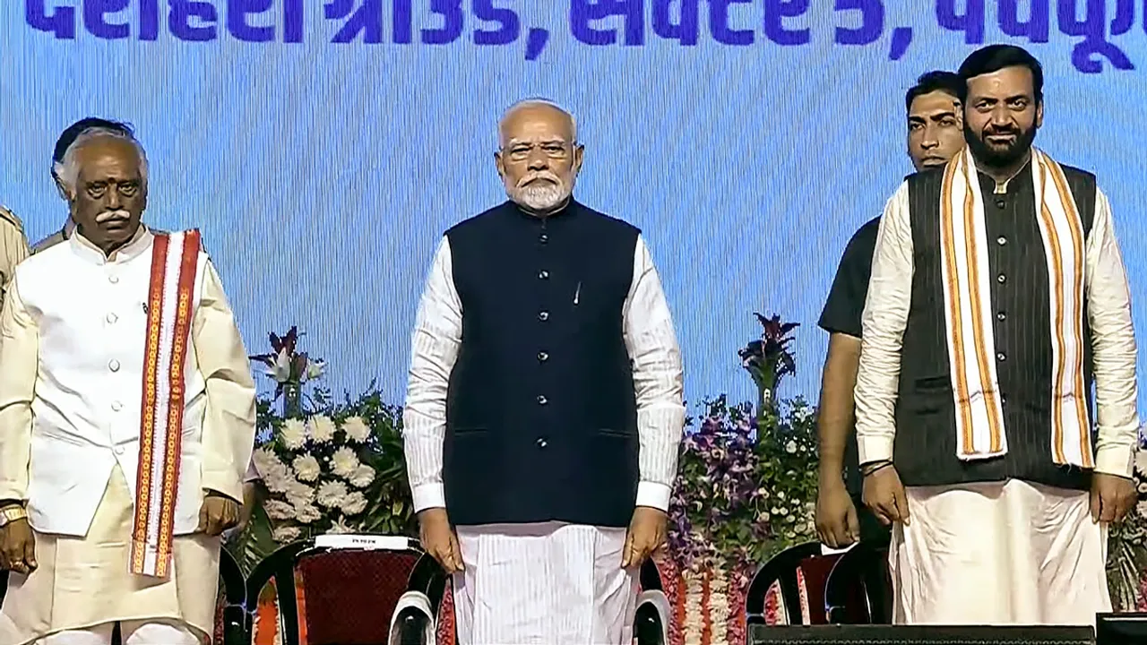 Prime Minister Narendra Modi with Haryana Governor Bandaru Dattatreya and CM-designate Nayab Saini during the swearing-in ceremony of new Haryana government, in Panchkula, Thursday, Oct. 17, 2024