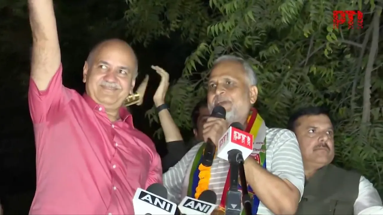 Manish Sisodia, Satyendar Jain and Sanjay Singh outside Tihar Jail on Friday, October 18, 2024.