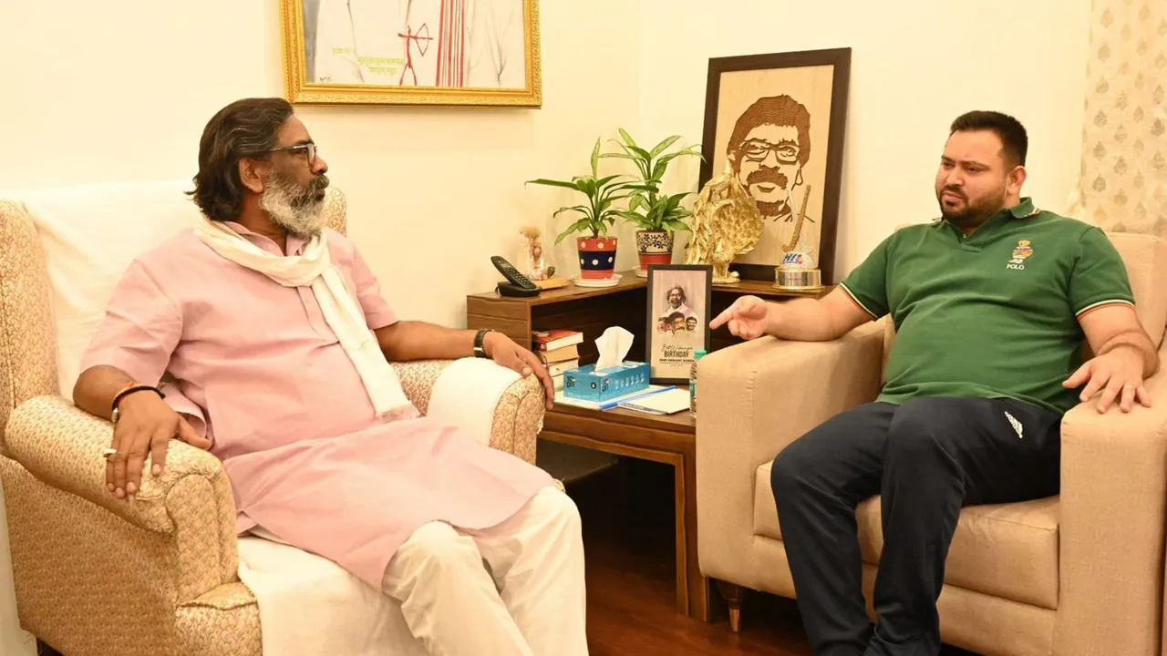 Jharkhand Chief Minister Hemant Soren with RJD leader Tejashwi Yadav during a meeting ahead of the Jharkhand Assembly elections, in Ranchi.