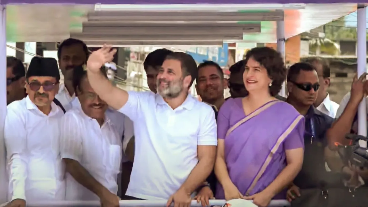 Congress leader and Leader of Opposition in Lok Sabha Rahul Gandhi with his sister and party leader Priyanka Gandhi Vadra during a road show in Wayanad district, Kerala, Wednesday, Oct. 23, 2024.