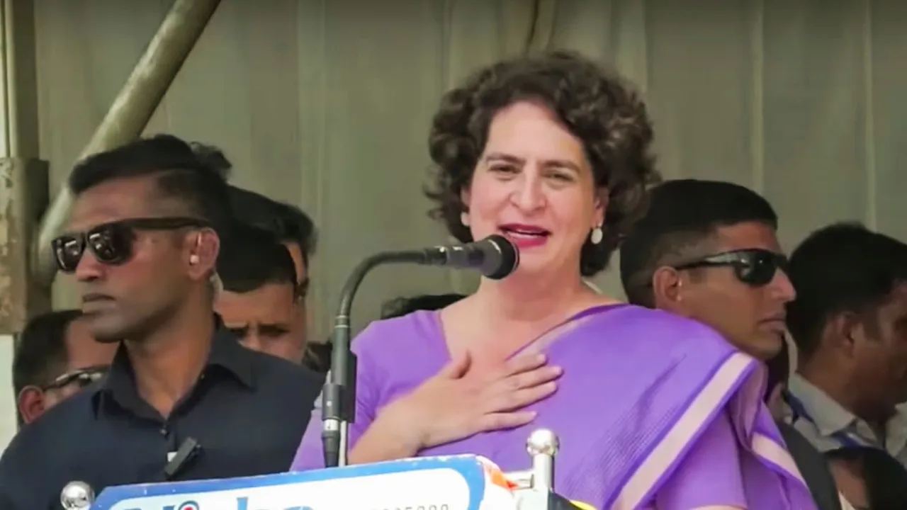 Congress leader Priyanka Gandhi Vadra addresses a nomination rally for the upcoming Wayanad Lok Sabha bypoll, in Wayanad, Kerala, Wednesday, Oct. 23, 2024.