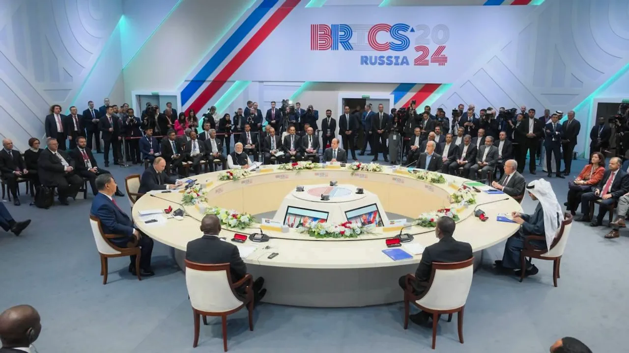 Narendra Modi with Russia's President Vladimir Putin, China's President Xi Jinping and other world leaders during a plenary session of the 16th BRICS Summit, in Kazan, Russia, Wednesday, Oct. 23, 2024. 