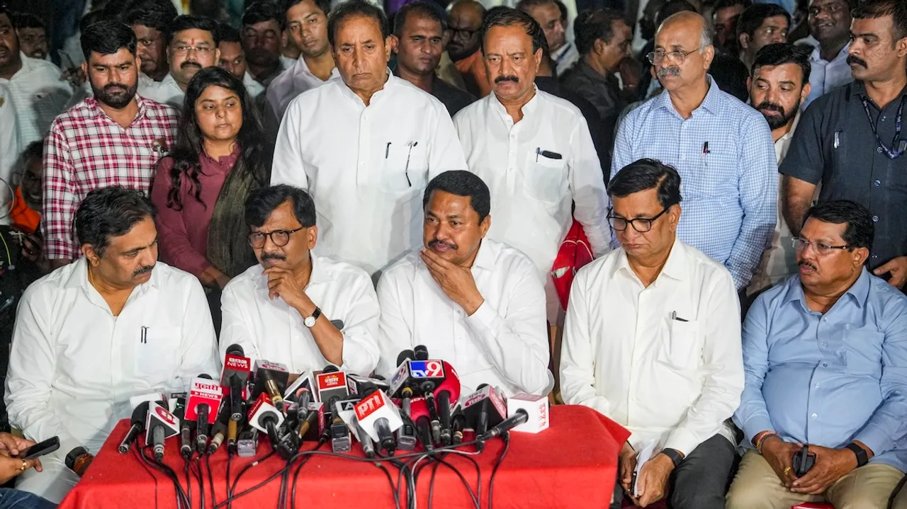 (Bottom, L-R) NCP (SP) Maharashtra President Jayant Patil, Shiv Sena (UBT) MP Sanjay Raut, Maharashtra Congress President Nana Patole with Congress leaders Balasaheb Thorat and Vijay Wadettiwar and others during a joint press conference of Maha Vikas Aghadi ahead of the state Assembly elections, in Mumbai, Wednesday, Oct. 23, 2024. 