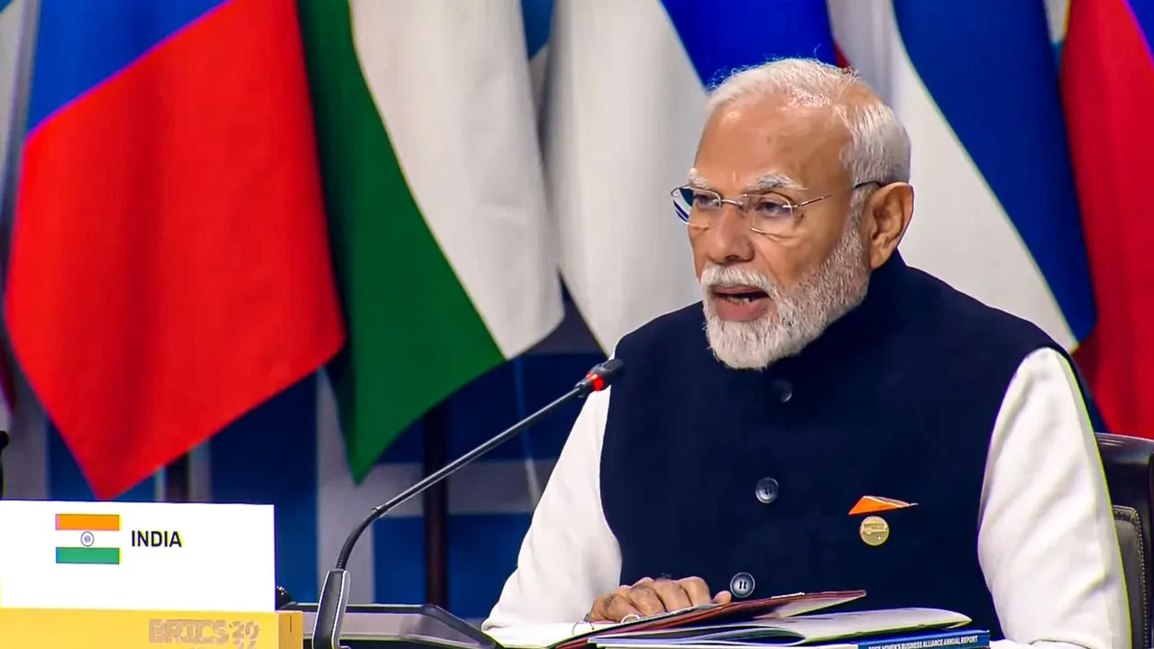 Prime Minister Narendra Modi speaks during BRICS Leaders' Summit, in Kazan, Russia, Wednesday, Oct. 23, 2024.