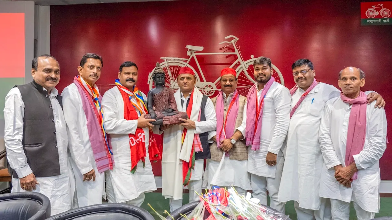 Samajwadi Party President Akhilesh Yadav during a workers meeting, at party headquarters in Lucknow, Tuesday, Oct. 22, 2024.