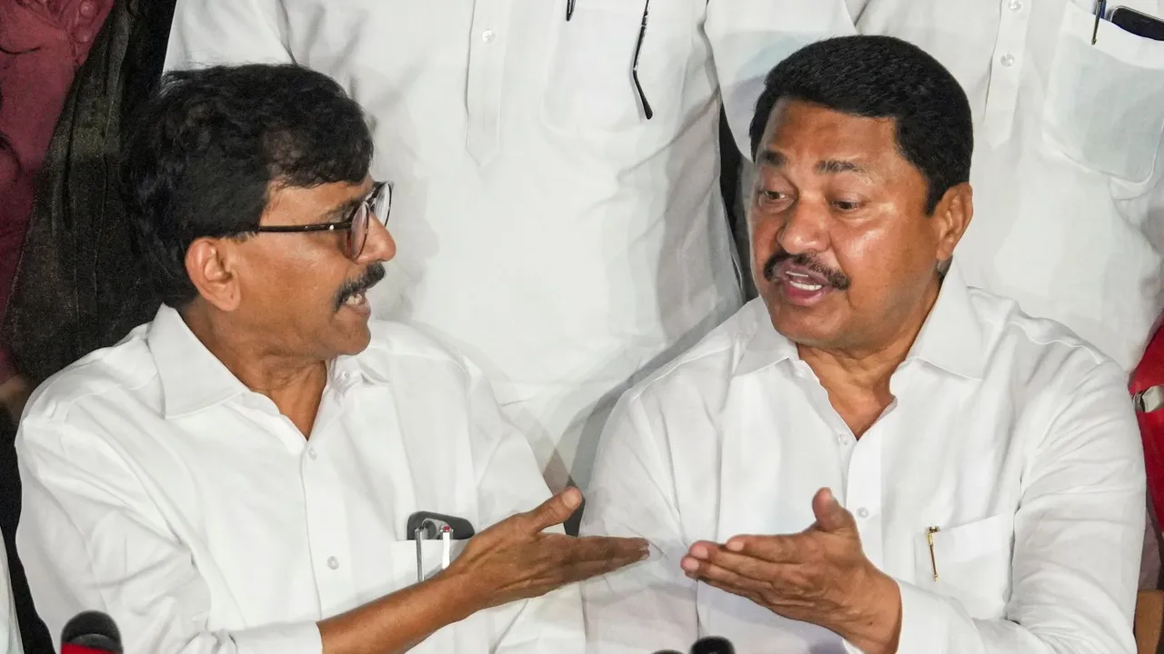 Shiv Sena (UBT) MP Sanjay Raut and Maharashtra Congress President Nana Patole during a joint press conference of Maha Vikas Aghadi ahead of the state Assembly elections, in Mumbai, Wednesday, Oct. 23, 2024.