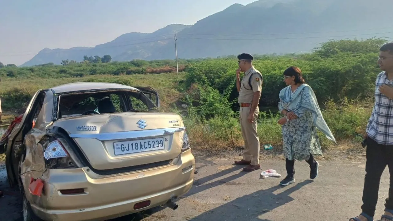 A car overturned following a tyre burst on a highway in Sirohi district on  Thursday 