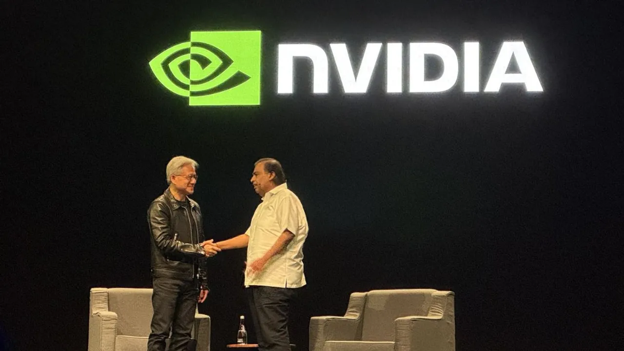Reliance Industries's Mukesh Ambani in a conversation with Nvidia CEO Jensen Huang