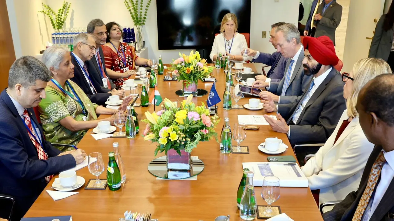 Union Finance Minister Nirmala Sitharaman during a meeting with World Bank President Ajay Banga and others on the sidelines of the World Bank and IMF Annual Meetings 2024, in Washington DC.